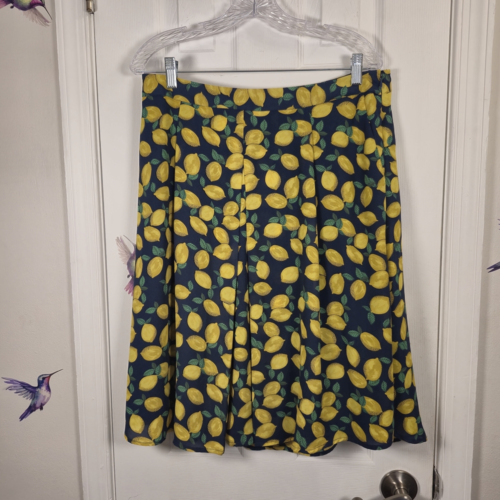 The Limited Lemon Print Pleated Midi Skirt Navy Yellow Cottagecore Resort XL